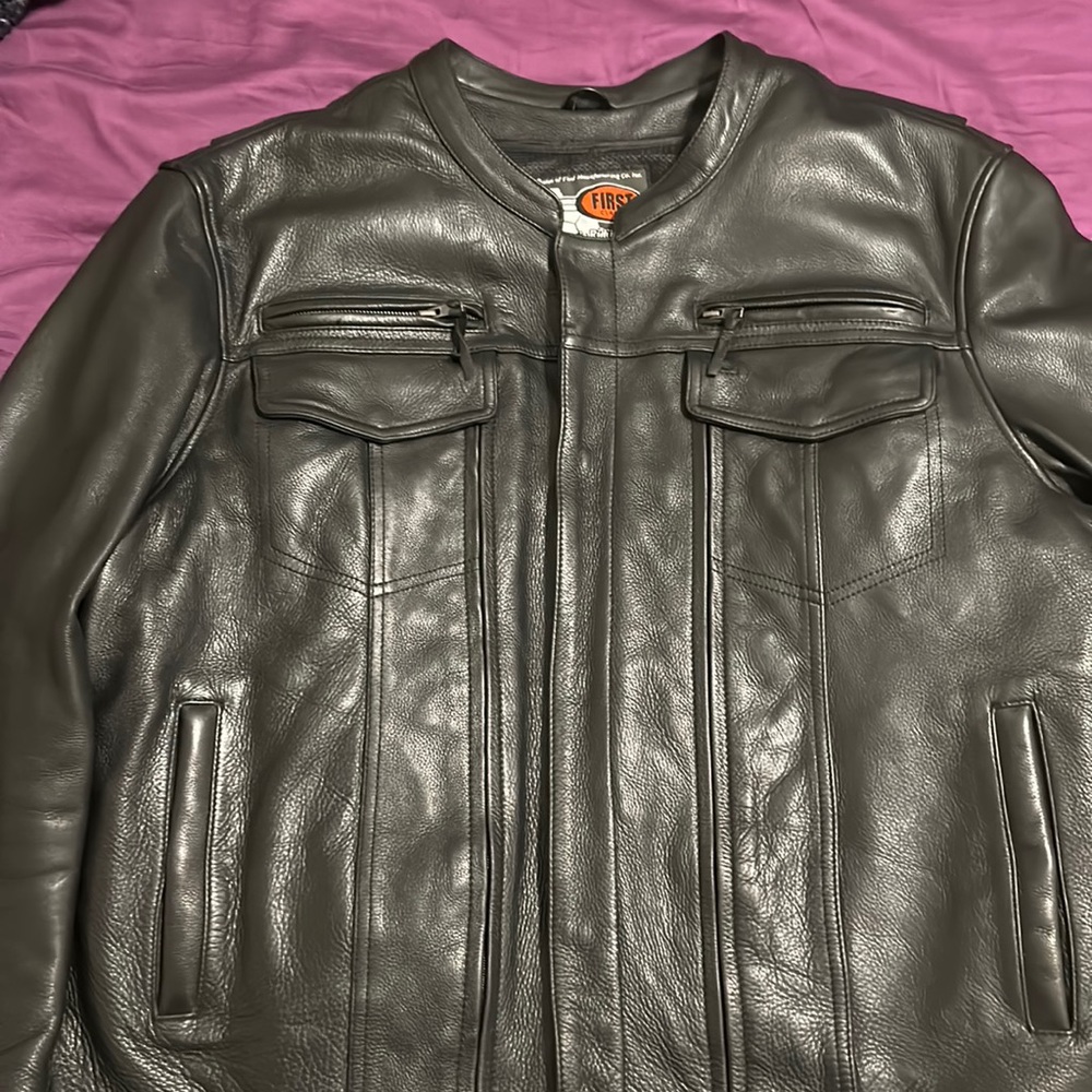 Motorcycle riding leather jacket.